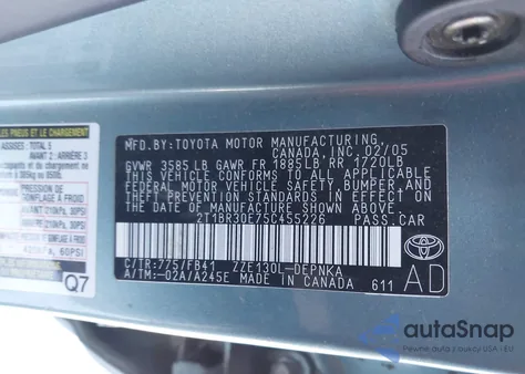 2005 Toyota Corolla Le из США, поврежденный, VIN 2T1BR30E75C455226